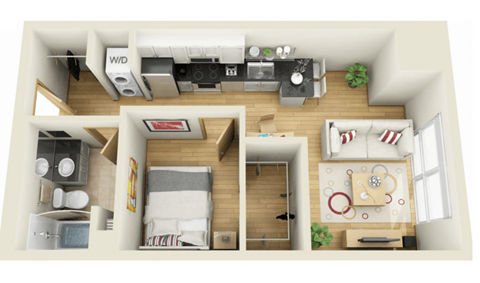 Floor plan for 1 bed, 1 bath, 533 sqft